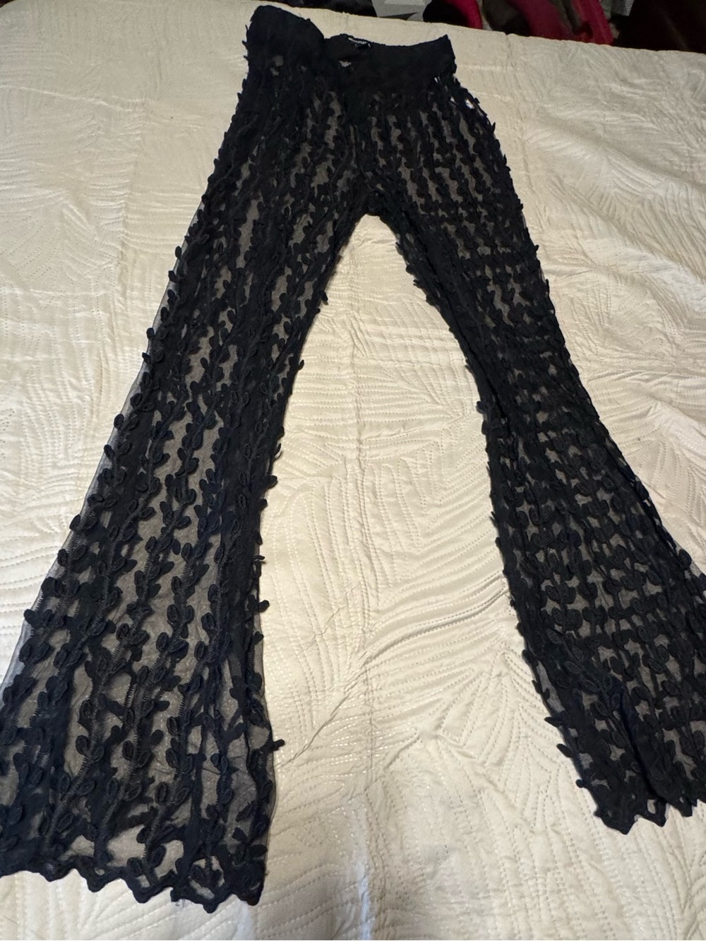 Pretty Little Thing Women's Black Sheer Crochet Flared Pants Sz 8 US